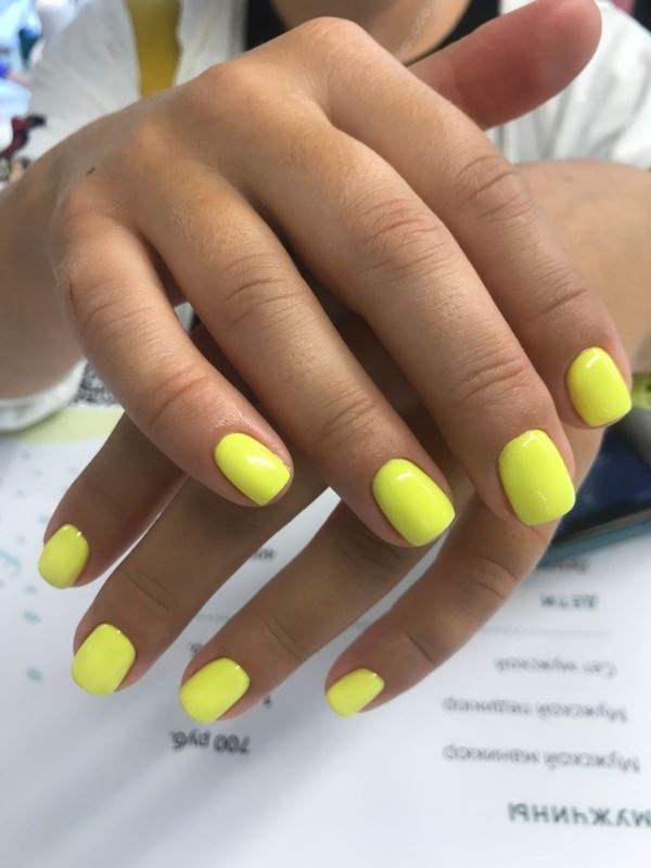 Маникюр, желтый, глянцевый, кислотный, однотон