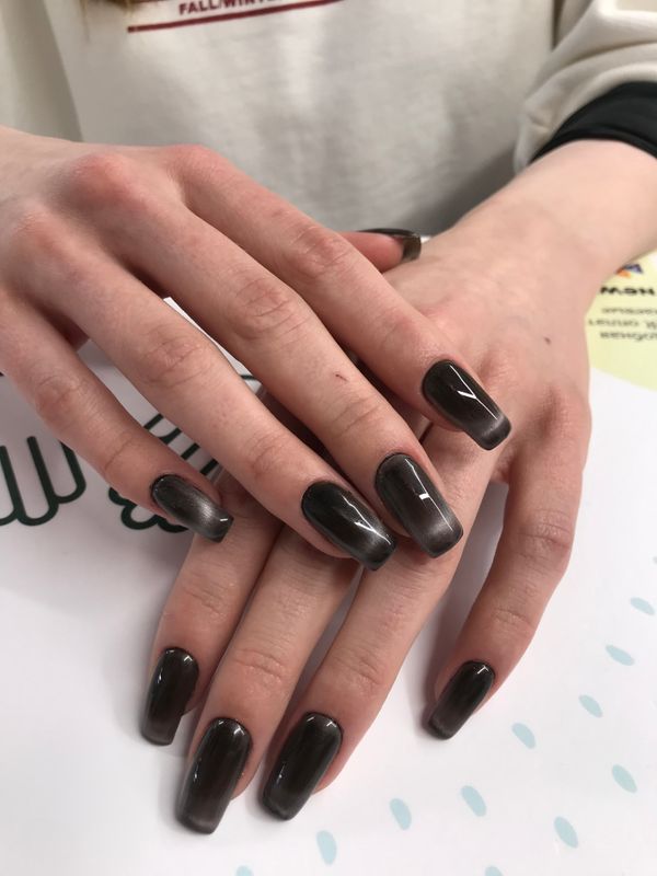 черный, глянцевый, кошачий глаз, однотон, Маникюр